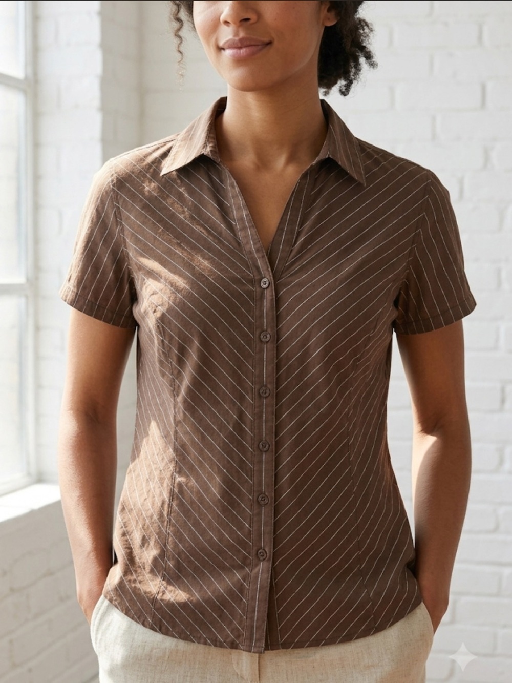 Columbia Gorpcore Chocolate Brown Pinstripe Short Sleeve Outdoor Earth Tone Top